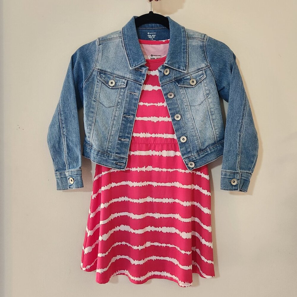 Member's Mark Girls 7/8 2-Piece Denim Jacket & Pink Short Sleeve Dress Set